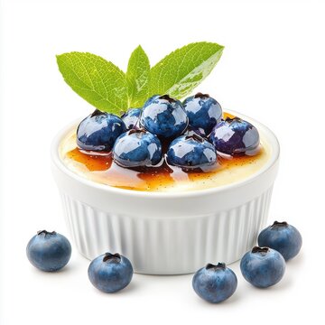 Blueberry cr&egrave;me br&ucirc;l&eacute;e isolated on a white background, highlighting the creamy texture and caramelized top with fresh blueberries.