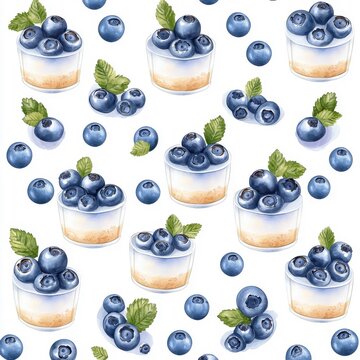 Watercolor seamless pattern of blueberry cr&egrave;me br&ucirc;l&eacute;e, isolated on a white background, featuring a creative and artistic design.
