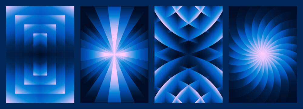 Abstract gradient poster background vector set. Futuristic blue covers with radial burst rays, spiral swirl,  layered arc, prism  geometric shapes for social media post, banner, flyer, template