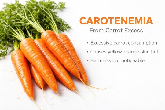 Closeup of fresh orange carrots on bright white background with spare copy space explaining Carotenemia from carrot excess