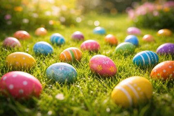 Fototapeta premium Colorful Easter eggs scattered playfully on a lush green grass lawn in bright spring sunlight