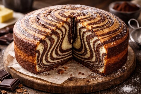 Swirled marble cake with blended light and dark batters creating zebra effect