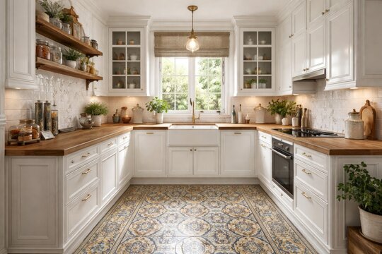 Charming vintage U shaped kitchen with glossy white lacquered cabinets, wooden worktops and decorative hydraulic tile flooring