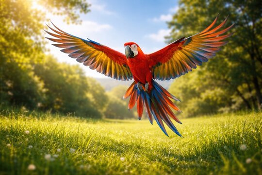 Delighted parrot flutters joyfully above a rich green grass lawn on a clear summer day full length scene