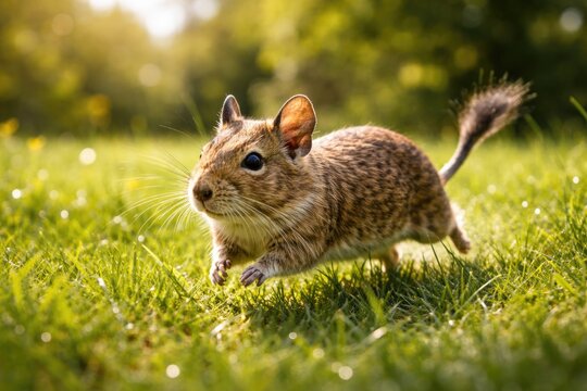 Delightful pet degu scurrying through a sunlit green lawn during a summer day full length shot