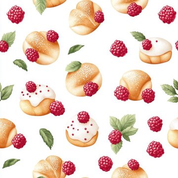 Watercolor seamless pattern of bun bread with raspberry, isolated on a white background, offering an artistic and creative design.