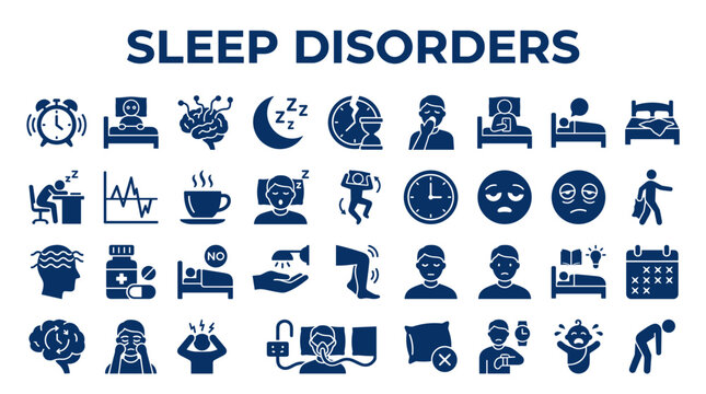 Collection of sleep disorder icons representing insomnia fatigue and medical conditions affecting rest and mental well-being
