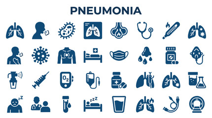 Fototapeta premium Pneumonia icons set medical symbols for respiratory illness diagnosis treatment and prevention healthcare concept