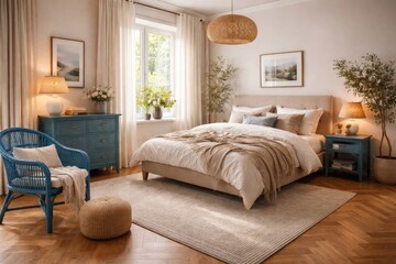 Fototapeta premium Cozy Scandinavian bedroom showcasing double bed, parquet wood floor, and blue rattan furniture with lamp and carpet