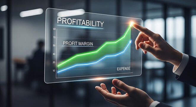 A businessman's hand points to a rising graph displaying increasing profitability and profit margin over expenses on a transparent screen.