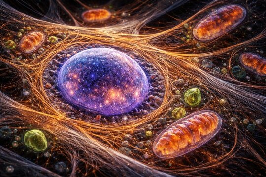 Intracellular components including nuclei mitochondria and microfilaments in fibroblast cells
