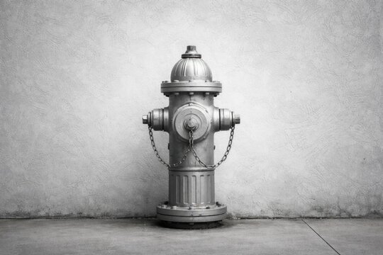 Grey plaster textured wall featuring a white backdrop and monochromatic fire hydrant