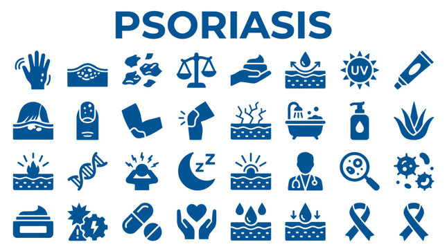 Psoriasis medical icons set representing skin disease symptoms causes treatment and research with medical symbols on blue background