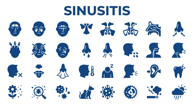 Sinusitis symptoms icons set medical illustration of nasal congestion allergy and cold disease symptoms and treatment concepts