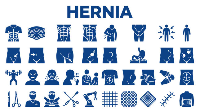 Medical illustration of hernia types and related anatomy with icons for surgery and recovery