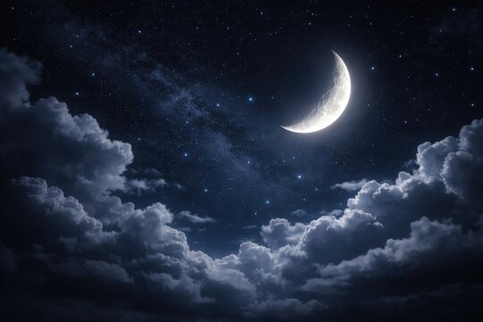 beautiful half moon casting light over a starry night clouds