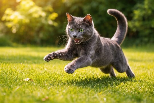 Energetic Korat cat playing on bright green grass lawn during a warm summer day full length