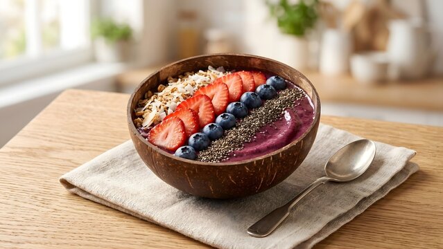Healthy Acai Smoothie Bowl with Fresh Fruit and Seeds on Wooden Table, Bright Editorial Food Photography