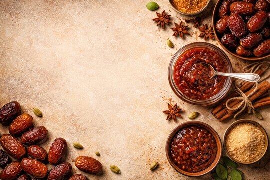 Flat lay of authentic homemade Arabic date marmalade featuring ample copy space