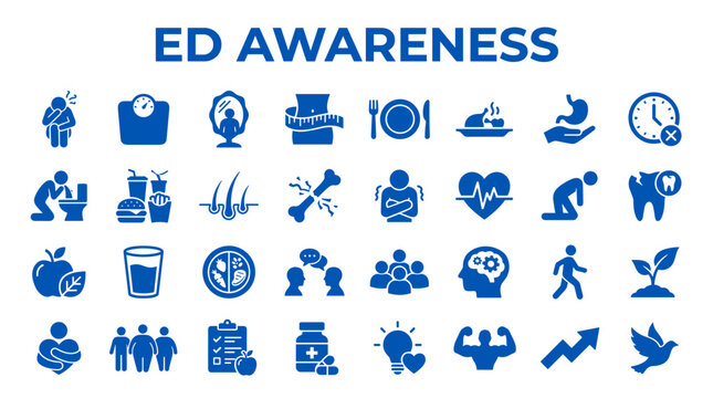 Eating disorder awareness icons representing physical and mental health challenges and recovery journey
