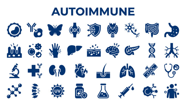 Autoimmune disease concept icons showing body organs immune system cells and medical research symbols on a blue background
