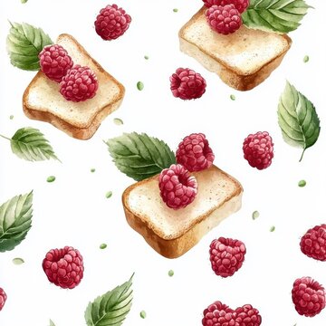 Watercolor seamless pattern of raspberry toast on a white background, charming and artistic.