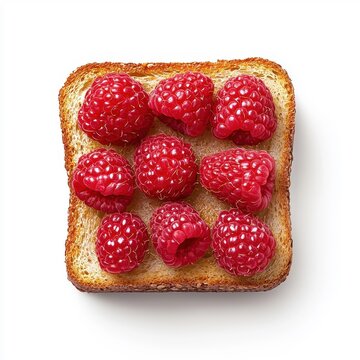 Isolated raspberry toast on a clean white background, highlighting vibrant raspberries on crispy toast.