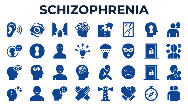 Schizophrenia mental health disorder concept with icons representing hallucinations delusions confusion isolation and psychological distress