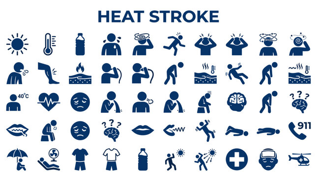 Heat Stroke Symptoms and Prevention Icons Collection Illustrating Health Risks During Hot Weather Conditions and Emergency Response