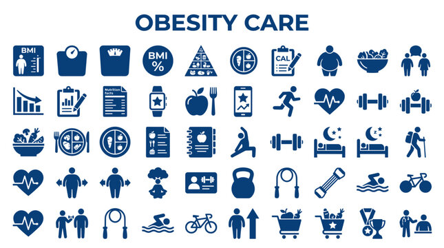Obesity Care Health Icons and Symbols Representing Weight Management Fitness Diet Exercise and Healthy Lifestyle Choices
