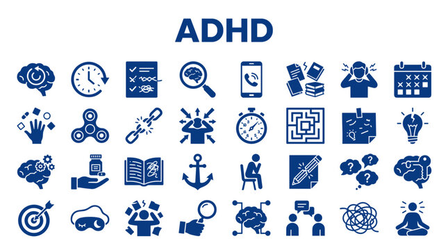 ADHD concept with icons representing focus attention disorder symptoms and challenges in brain function and daily life activities