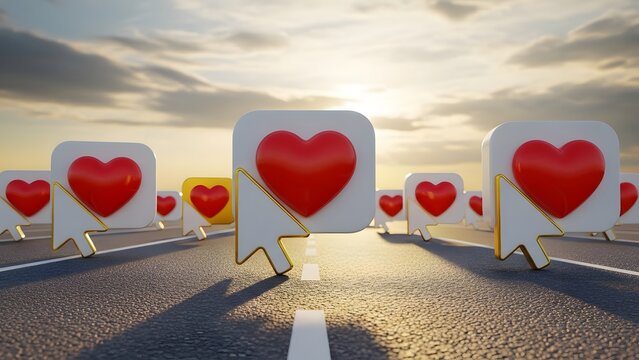 Social media heart like icons on a sunny road. Digital marketing and engagement concept. Computer mouse cursors clicking red heart buttons on asphalt