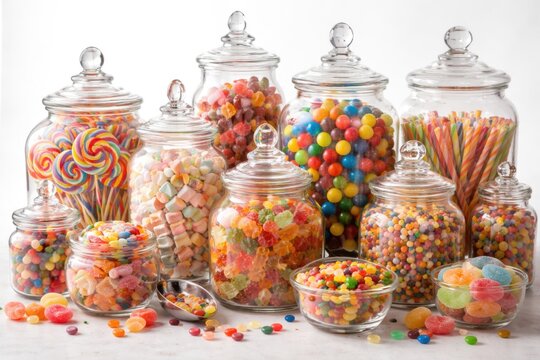Assorted confectionery displayed in vintage apothecary jars with a clean white backdrop for a candy buffet effect