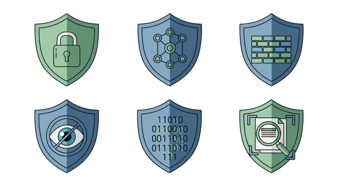 Cybersecurity Shield Icons: Lock, Network, Firewall, Privacy, Binary Code, Data Scan