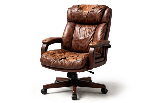aged brown leather office chair featuring a shredded top layer on white backdrop