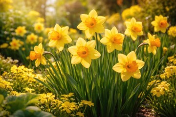 Fototapeta premium Lively yellow daffodil flowers thriving in warm spring daylight amidst flourishing garden plants