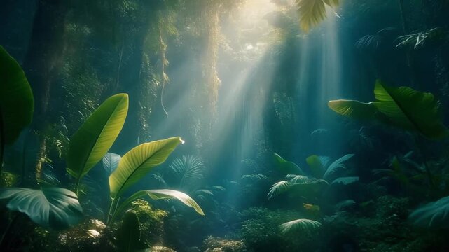 Mythic Light Shafts. Fantasy-Oriented Jungle (Mythical Mood, Subtle Surrealism). Fantasy Nature. soft light rays filtering through dense jungle leaves, set in a surreal tropical forest
