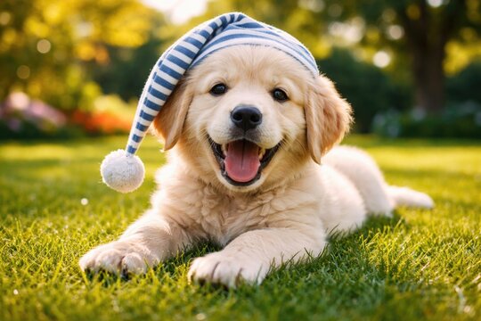 Happy puppy sporting night cap enjoying a full length pose on vibrant summer grass lawn