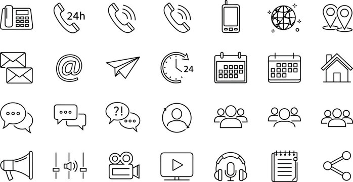 Set of Communication and Media Icons Including Phone, Email, Messaging, Video, and Social Media Symbols for Digital Design