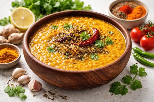Authentic Indian Dal Fry Presented in Wooden Bowl with Fresh Herbs and Spices on White Backdrop