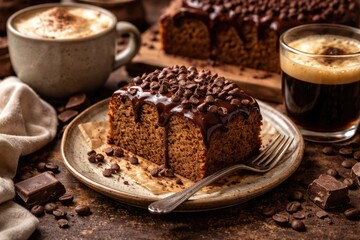 Fototapeta premium Chocolate topped coffee cake served with aromatic hot beverages dense in calories