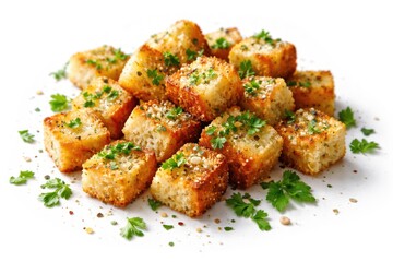 Fototapeta premium Fresh herb garnished crunchy croutons placed on a bright white backdrop ideal for culinary presentations