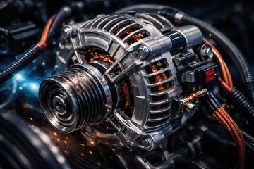 Obraz premium Closeup image of a car alternator with visible wiring