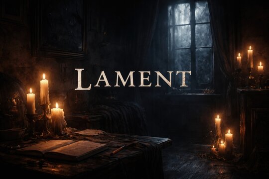 Gloomy setting illuminated by soft candlelight and clear text placeholder for lament