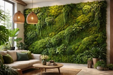 Fototapeta premium Indoor decorative moss wall showcasing lush green textures for eco friendly spaces