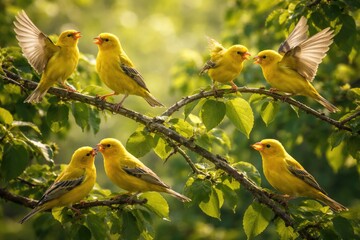 Fototapeta premium Joyful small yellow birds actively interacting on green leafy tree branches