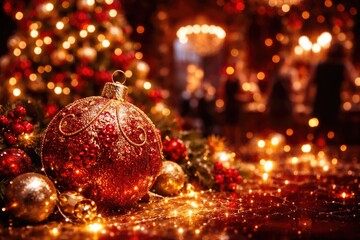 Fototapeta premium Christmas celebration featuring a holiday ball with sparkling decorations and vivid red lights on a dark festive bokeh scene