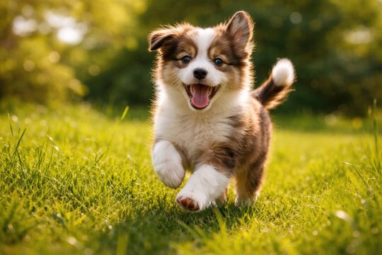 happy playful puppy frolicking in vibrant green grass on summer afternoon full length