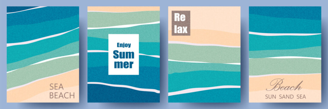 Poster with a sea beach view. Set of summer abstract backgrounds. Illustration with a tropical sea and coastline. Banner, advertising design. Summer holidays, travel, vacation illustrations 