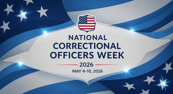 National Correctional Officers Week graphic with stars, stripes, and badge, symbolizing appreciation for law enforcement and public safety.